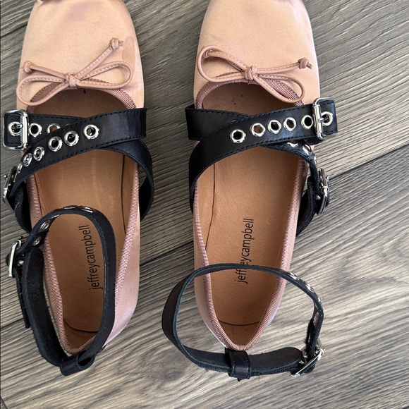 Jeffrey Campbell Choreo ballet flats in pink satin with black buckled straps. - Picture 11 of 16